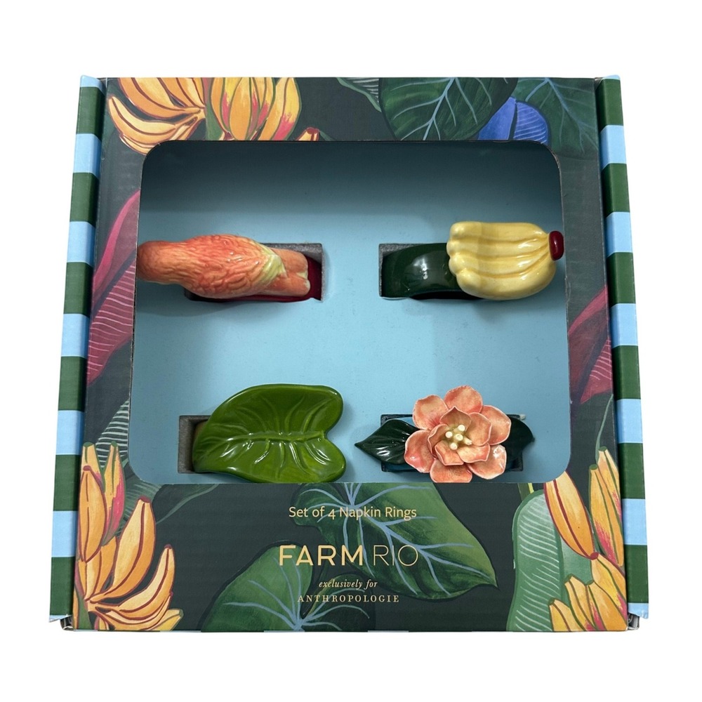 Farm Rio Anthropologie Ceramic Napkin Rings Set of 4 Tropical Parrot Banana Leaf